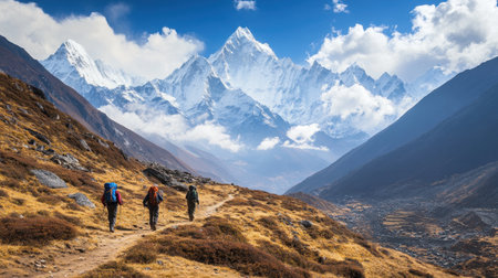 A stunning view of hikers making their way through a breathtaking mountain landscape, surrounded by towering snowy peaks and dramatic clouds, capturing the spirit of adventure.の素材