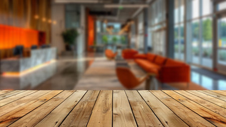 Table with a blurred office background, designed for effective advertising and presentations of business products.の素材