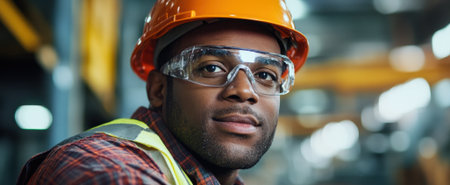 A confident construction worker wearing safety gear and protective eyewear poses for a portrait at an industrial site. Ideal for concepts of labor and professionalism.の素材