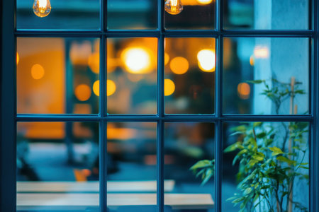 A cozy cafe window revealing a warm atmosphere with soft bokeh lights and a hint of greenery, creating an inviting urban retreat perfect for relaxation.の素材