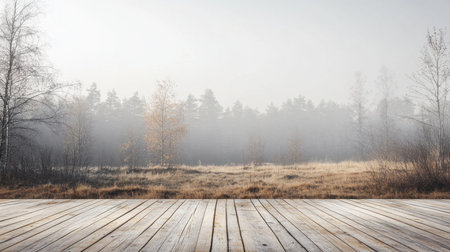 A serene misty landscape depicting a wooden plank floor in the foreground, surrounded by tranquil fields and a foggy forest background, perfect for conveying calmness.の素材