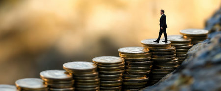 A miniature businessman stands confidently atop stacks of coins, symbolizing financial growth and success. This image captures themes of investment, strategy, and ambition.の素材