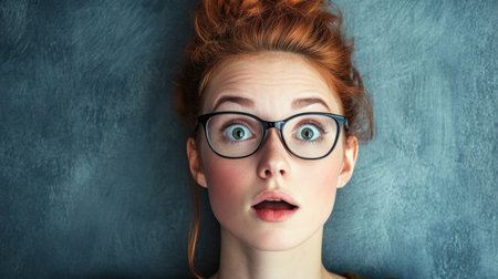 A close-up portrait of a surprised young woman with curly hair and glasses, displaying genuine emotion and intrigue in a textured background environment.の素材