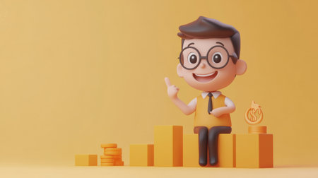 A cheerful cartoon character sits on colorful blocks, highlighting money and savings. The bright yellow background emphasizes a playful and educational theme focused on finance.の素材