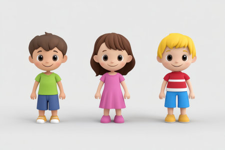 Bright and cheerful cartoon children characters stand together in playful poses, representing innocence and joy, perfect for projects related to childhood and imagination.の素材