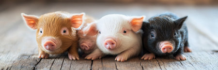 This charming image features cute piglets in different colors sitting together on a rustic wooden surface. Their playful expressions bring joy and warmth to any viewer.の素材