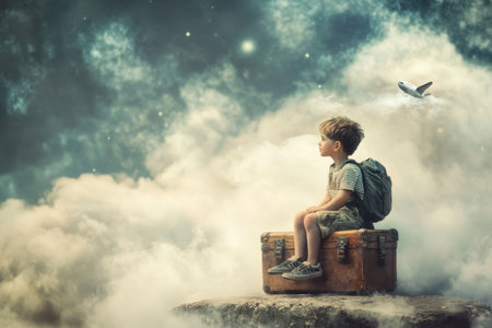 A young boy sits on a vintage suitcase, gazing thoughtfully into the clouds above. The surreal scene evokes feelings of imagination and adventure in a magical sky.の素材
