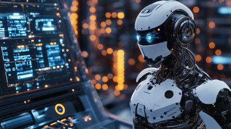 A sleek, futuristic robot with glowing eyes stands in a high-tech environment, surrounded by digital displays and advanced technology, symbolizing innovation in artificial intelligence.の素材
