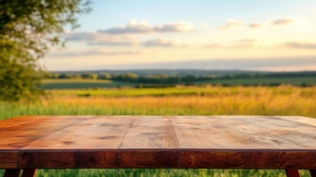 Beautiful rustic wooden table set against a stunning countryside view. The warm sunset light bathes the scene in tranquility, perfect for relaxing moments in nature.の素材