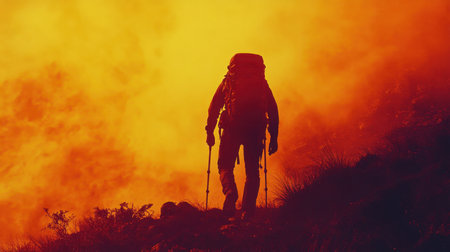 A solitary hiker traverses a dramatic landscape filled with bright orange smoke and evocative lighting, symbolizing adventure and exploration in nature.の素材