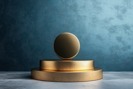 A striking golden circle rests atop three tiered platforms against a textured background. This image embodies modern minimalism, combining elegance and simplicity.の素材