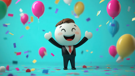 A cheerful cartoon character in a suit joyfully celebrates amidst colorful balloons and confetti, creating a vibrant and festive atmosphere perfect for various event themes.の素材