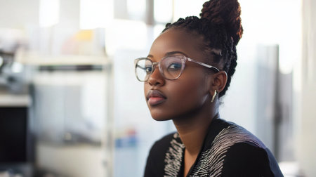 A thoughtful young woman with glasses sits in a modern office. She exudes confidence and calm, reflecting her creative approach to work. The contemporary setting complements her professional demeanor.の素材