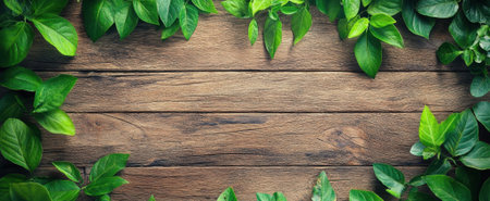 A vibrant arrangement of green leaves surrounds a wooden surface, creating a natural frame. This image captures the beauty of nature and tranquility, perfect for various design projects.の素材