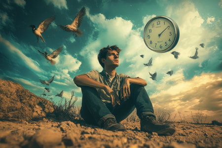 A thoughtful young man sits in a serene landscape, surrounded by flying birds and a surreal clock. The scene captures the essence of time, reflection, and natures beauty.の素材