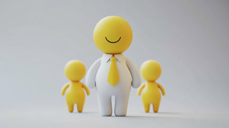 This charming illustration features a cheerful character in formal attire, smiling joyfully in front of two similar figures. Perfect for conveying positivity and creativity in your projects.の素材