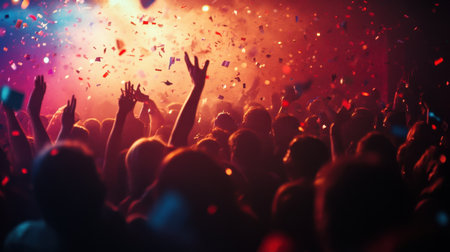 A lively crowd enjoys a vibrant celebration filled with colorful confetti and dynamic lighting, capturing the excitement of a joyful event or concert atmosphere.の素材