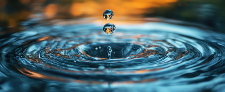 A stunning close-up of a water droplet creating ripples on a serene water surface during sunset. The mesmerizing beauty showcases natures fluid motion and tranquility.の素材