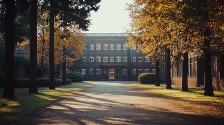 Captivating autumn view of an old university campus bathed in sunlight. The scene showcases colorful leaves and peaceful surroundings, perfect for reflection.の素材