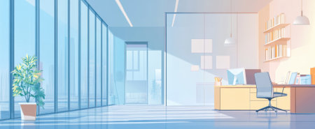 Bright and modern office interior featuring minimalist design, large glass windows, and a serene atmosphere. Perfect for creative and professional workspaces.の素材