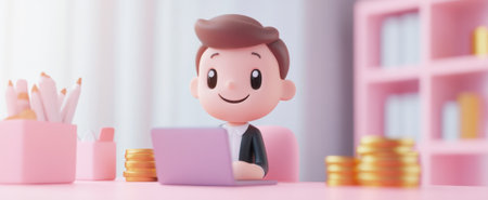 A cheerful cartoon character sits at a modern desk, working on a laptop, surrounded by coins and a stylish office environment, embodying productivity and creativity.の素材