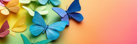 A stunning arrangement of colorful paper butterflies creates a cheerful display against a vibrant gradient background, evoking joy and creativity in any space.の素材