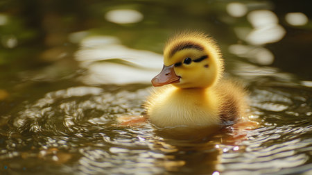 A charming baby duckling glides through serene pond waters, showcasing its soft, fluffy feathers. The warm tones and gentle ripples create a peaceful atmosphere in nature.の素材