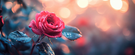 A stunning close-up of a vibrant pink rose adorned with droplets of dew, set against a soft, blurred background. The image captures the essence of natural beauty and tranquility.の素材