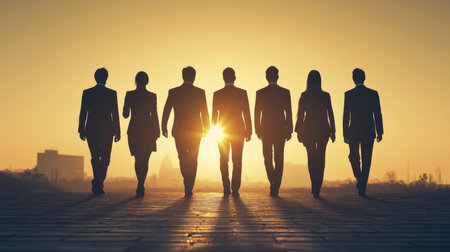 A striking silhouette of a diverse group of business professionals walking together towards a vibrant sunset, symbolizing teamwork and new beginnings.の素材
