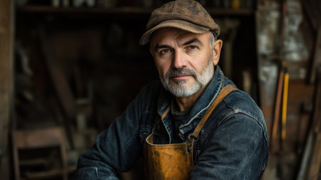 A skilled craftsman poses confidently in his rustic workshop, showcasing his expertise and passion for manual work. His thoughtful expression reflects years of experience.の素材