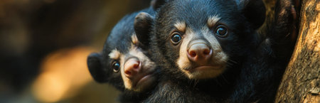 Two young black bears curiously peek from behind a tree trunk, showcasing their expressive eyes and adorable features in a serene natural setting.の素材