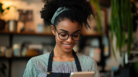 A cheerful young woman with curly hair wearing glasses smiles as she uses her smartphone in a cozy cafe filled with plants and books.の素材