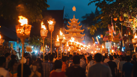 A vibrant night festival scene with crowds participating in a torch-lit celebration. The atmosphere is filled with joy, culture, and colorful lights.の素材