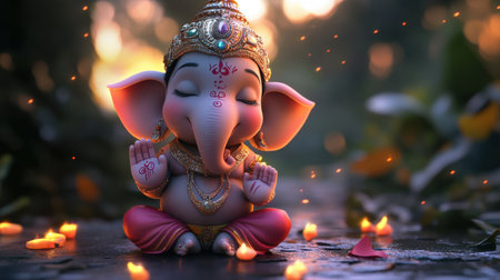 A peaceful depiction of the Hindu god Ganesh surrounded by soft light and floral accents. This image captures a serene ambiance perfect for cultural representation or spiritual themes.の素材