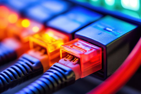 Vibrant close-up image of Ethernet cables and connectors showcasing glowing lights. This high-tech visual represents modern data communication and networking technology.の素材