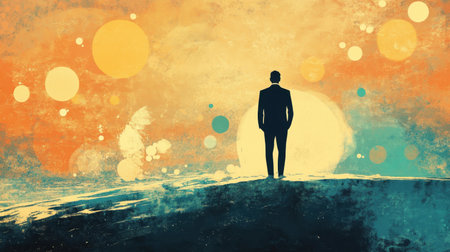 A stunning silhouette of a man standing on a hill, framed by a vibrant and abstract background. This artwork evokes feelings of inspiration and exploration.の素材