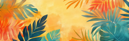 Colorful tropical leaves create a warm, inviting backdrop, perfect for summer-themed projects. Ideal for nature lovers and creative designs.の素材
