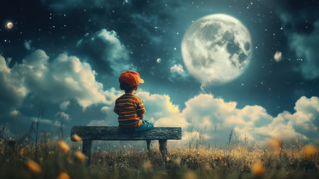 A young child sits on a wooden bench, gazing up at a majestic full moon surrounded by twinkling stars and dramatic clouds, evoking a sense of wonder.の素材