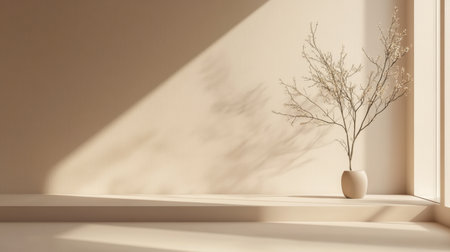 A serene minimalist interior featuring a simple vase and delicate branch, beautifully lit by soft natural light, casting gentle shadows for a tranquil atmosphere.の素材