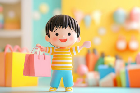 A cheerful cartoon child holding a pink shopping bag stands against a vibrant, colorful background. This playful scene captures the essence of joy, creativity, and childhood adventure.の素材