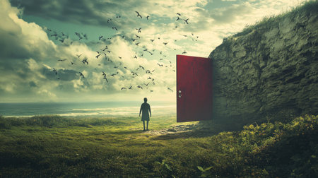 A captivating scene depicting a mysterious red door set against a dramatic natural landscape, inviting reflection on adventure and the unknown.の素材