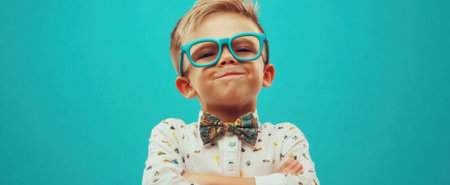 A confident young boy wearing stylish glasses and a colorful bow tie poses playfully against a bright turquoise background, showcasing a charming expression.の素材