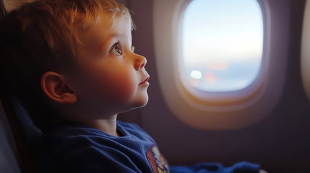A young child gazes out of an airplane window, dreaming of adventures. The warm light creates a serene atmosphere as the boy experiences the joy of travel.の素材