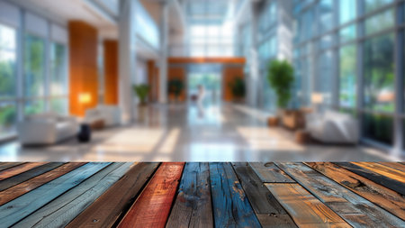 Wooden table top against a soft-focus office background, perfect for advertising modern office products.の素材