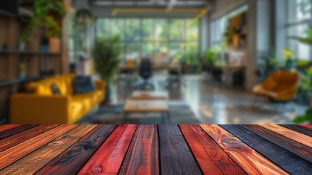 Wooden office table against a blurred background of a modern office, perfect for presenting and advertising business products.の素材