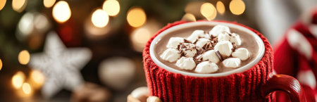 Enjoy a rich cup of cozy hot chocolate topped with marshmallows, set against a dreamy bokeh background perfect for the holiday spirit.の素材