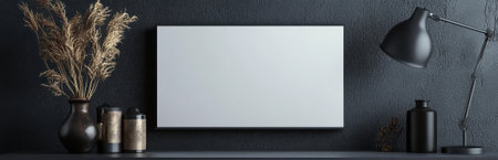 A sleek minimalist workspace featuring an empty wall frame, decorative lamp, and dried plants. Ideal for showcasing creativity and modern interior design.の素材