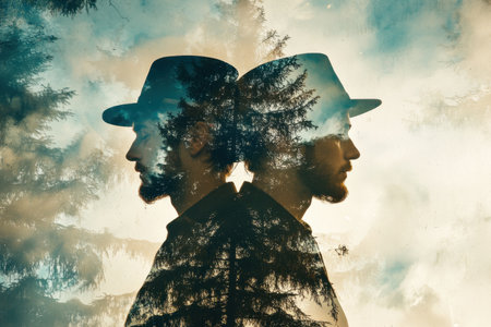 This captivating double exposure image features a man with a unique silhouette, blending seamlessly with lush trees. It evokes a sense of serenity and artistic expression.の素材