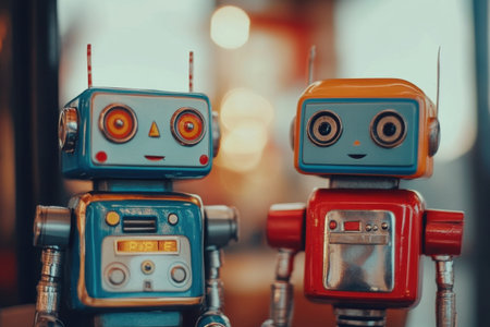 Two charming vintage robot toys showcase vibrant colors and happy expressions, perfect for evoking nostalgia and playful feelings in any decor or collection.の素材