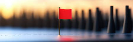 A striking red flag stands out against a blurred, industrial backdrop, symbolizing a key location on a blueprint, evoking themes of strategy and alertness.の素材
